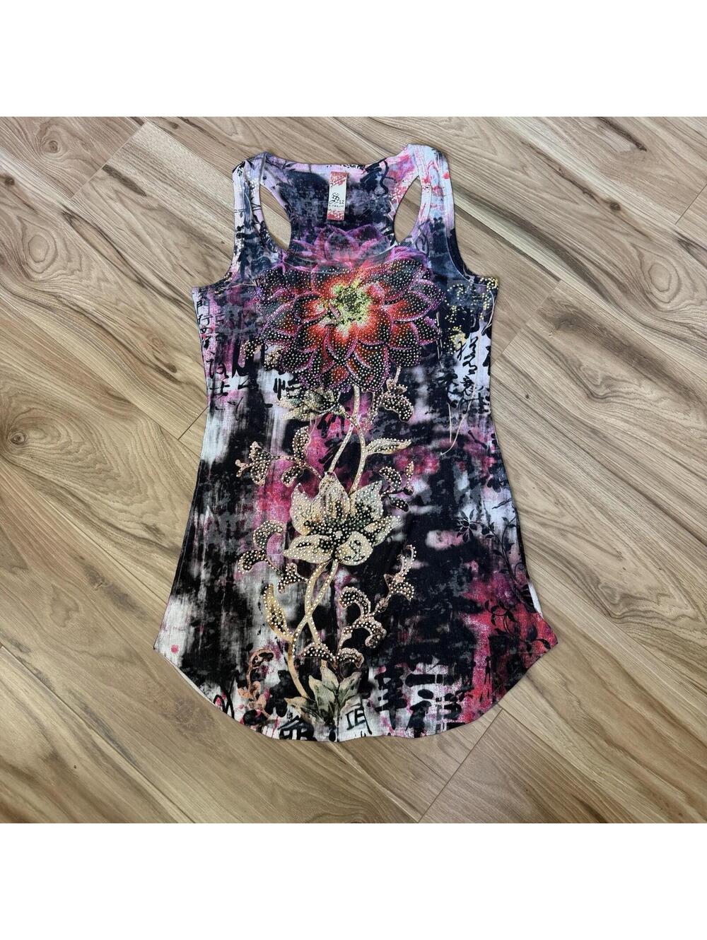 S-Twelve Rhinestone Floral Graphic Racerback Tank Y2K Grunge M